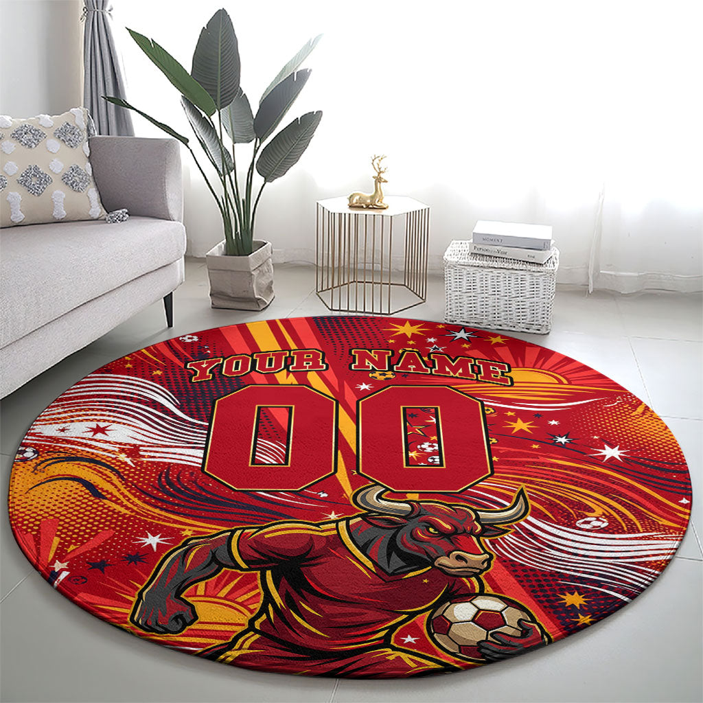 Personalized Spain Football Bull Mascot Round Carpet Dynamic Spanish Sunburst Abstract Flame