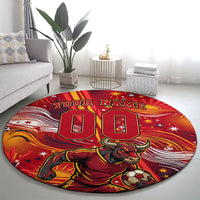 Personalized Spain Football Bull Mascot Round Carpet Dynamic Spanish Sunburst Abstract Flame