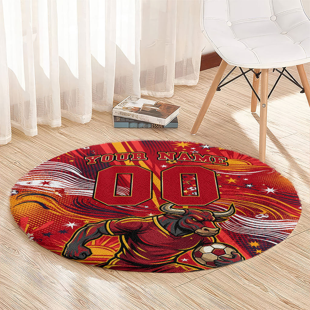 Personalized Spain Football Bull Mascot Round Carpet Dynamic Spanish Sunburst Abstract Flame