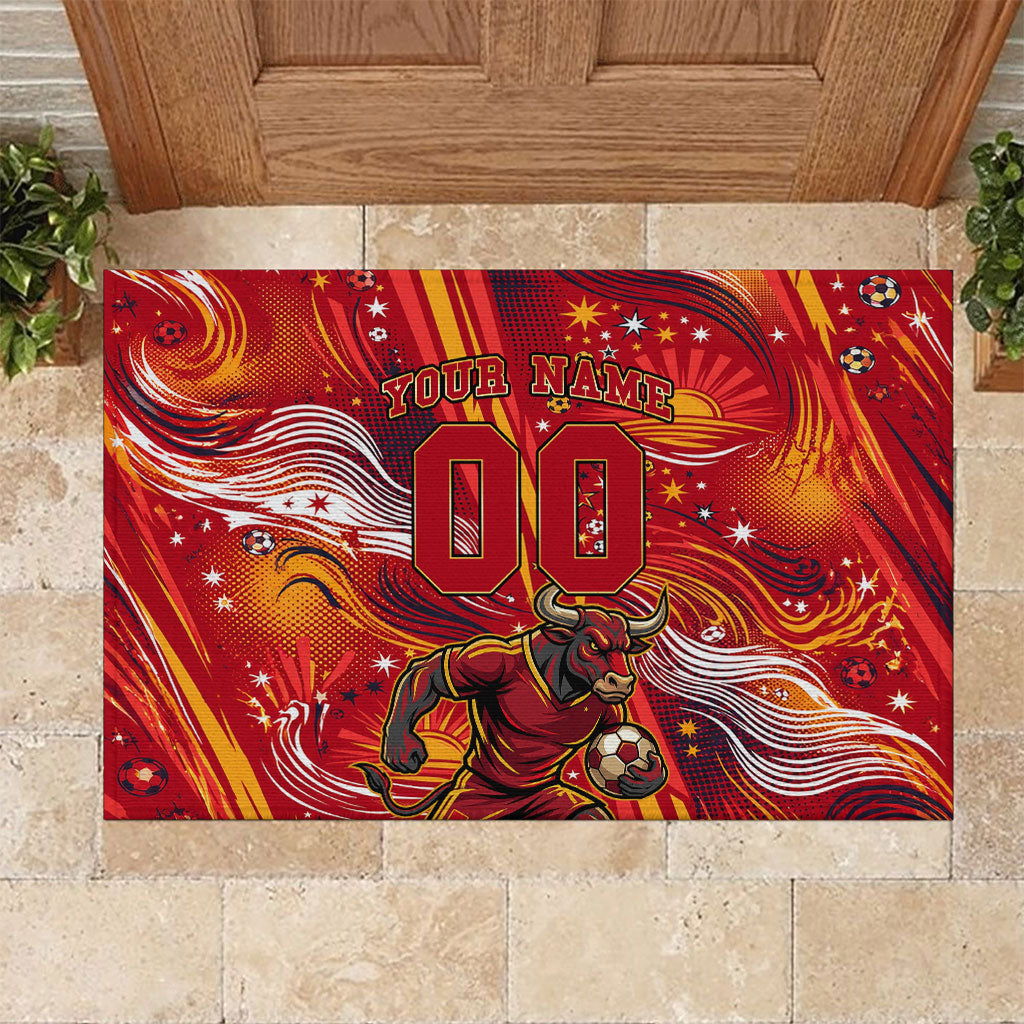 Personalized Spain Football Bull Mascot Rubber Doormat Dynamic Spanish Sunburst Abstract Flame