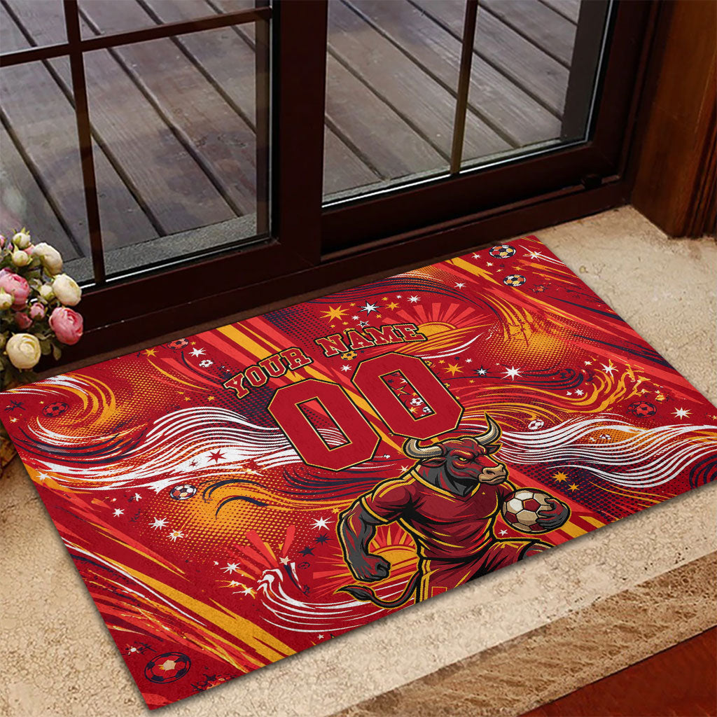 Personalized Spain Football Bull Mascot Rubber Doormat Dynamic Spanish Sunburst Abstract Flame