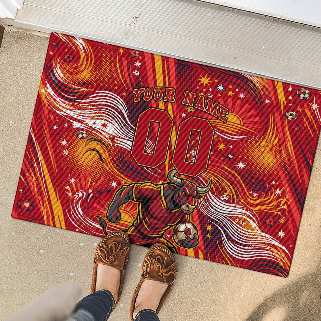 Personalized Spain Football Bull Mascot Rubber Doormat Dynamic Spanish Sunburst Abstract Flame