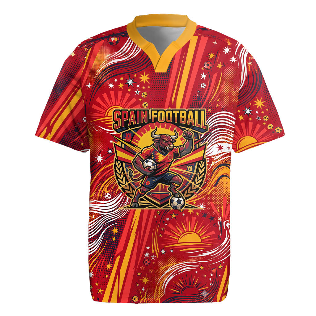 Personalized Spain Football Bull Mascot Rugby Jersey Dynamic Spanish Sunburst Abstract Flame