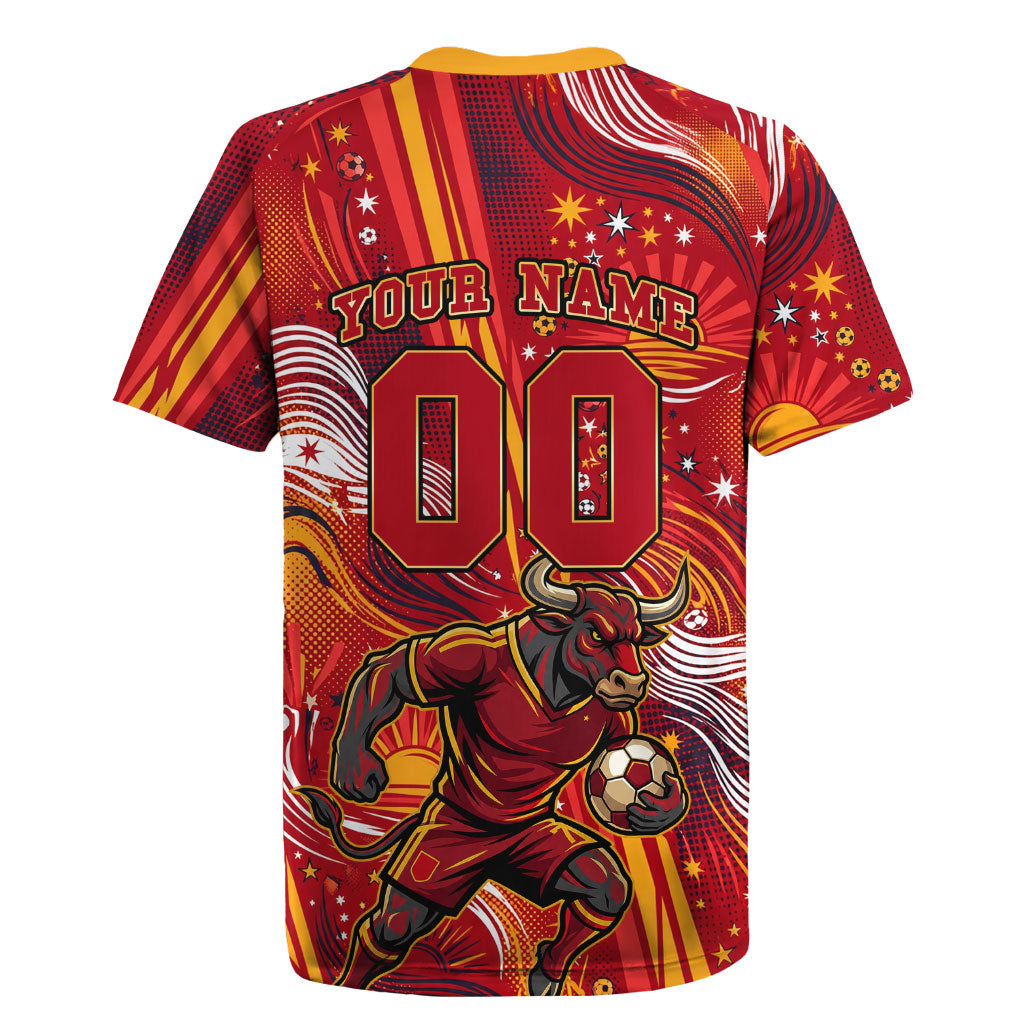 Personalized Spain Football Bull Mascot Rugby Jersey Dynamic Spanish Sunburst Abstract Flame