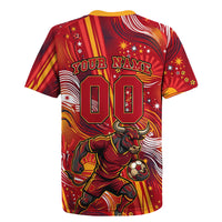 Personalized Spain Football Bull Mascot Rugby Jersey Dynamic Spanish Sunburst Abstract Flame