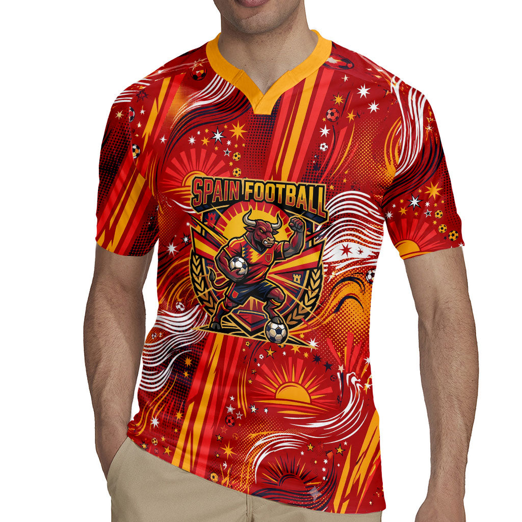 Personalized Spain Football Bull Mascot Rugby Jersey Dynamic Spanish Sunburst Abstract Flame