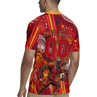Personalized Spain Football Bull Mascot Rugby Jersey Dynamic Spanish Sunburst Abstract Flame