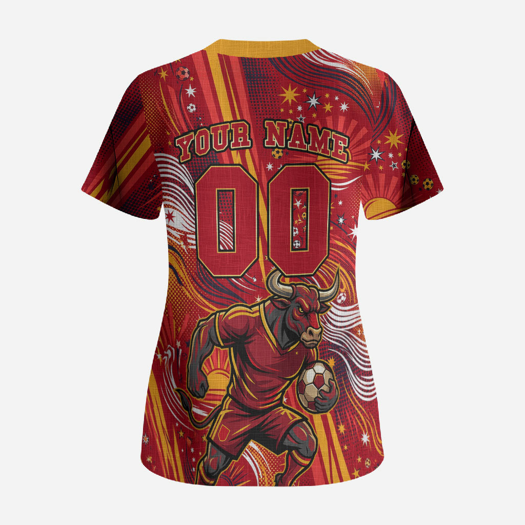 Personalized Spain Football Bull Mascot Scrub Top Dynamic Spanish Sunburst Abstract Flame