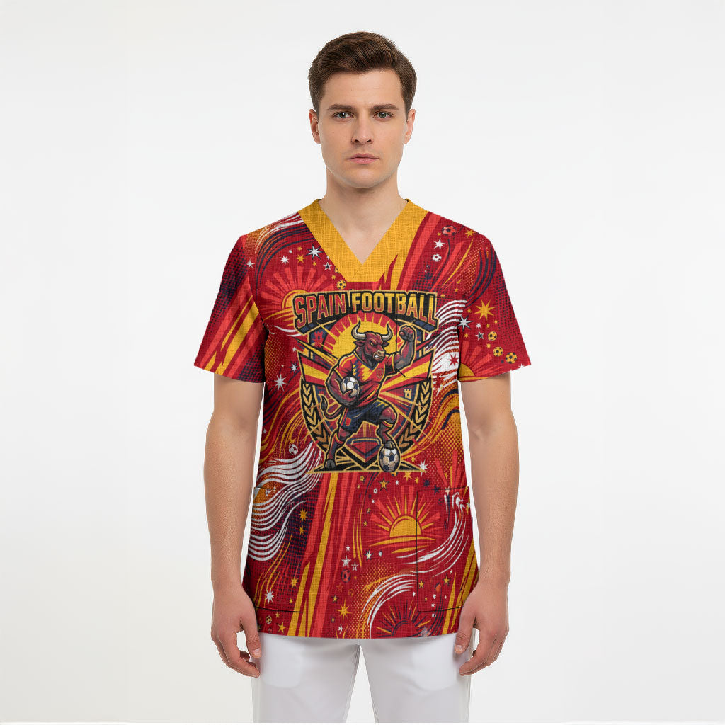 Personalized Spain Football Bull Mascot Scrub Top Dynamic Spanish Sunburst Abstract Flame