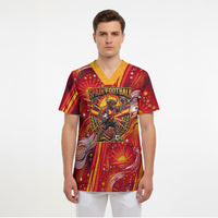 Personalized Spain Football Bull Mascot Scrub Top Dynamic Spanish Sunburst Abstract Flame