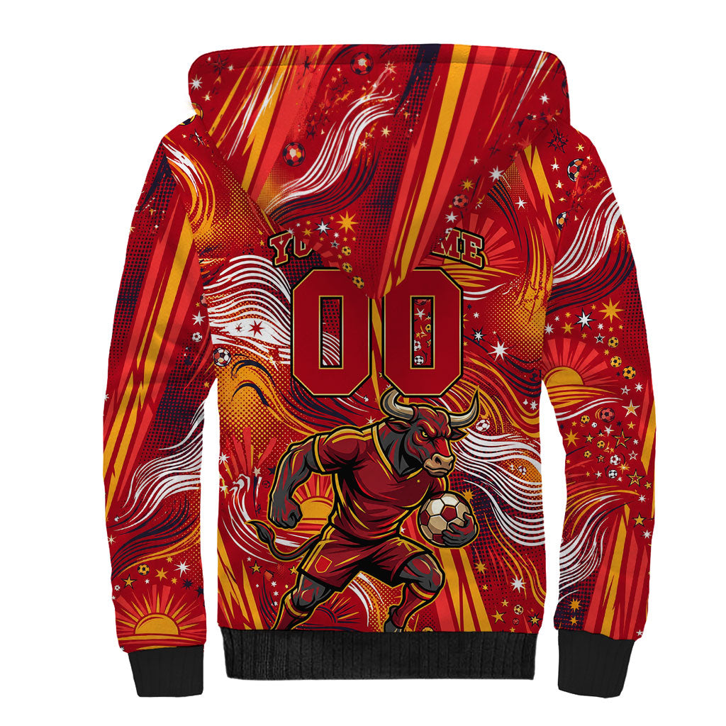 Personalized Spain Football Bull Mascot Sherpa Hoodie Dynamic Spanish Sunburst Abstract Flame