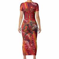 Personalized Spain Football Bull Mascot Short Sleeve Bodycon Dress Dynamic Spanish Sunburst Abstract Flame