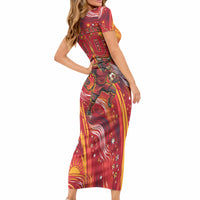 Personalized Spain Football Bull Mascot Short Sleeve Bodycon Dress Dynamic Spanish Sunburst Abstract Flame