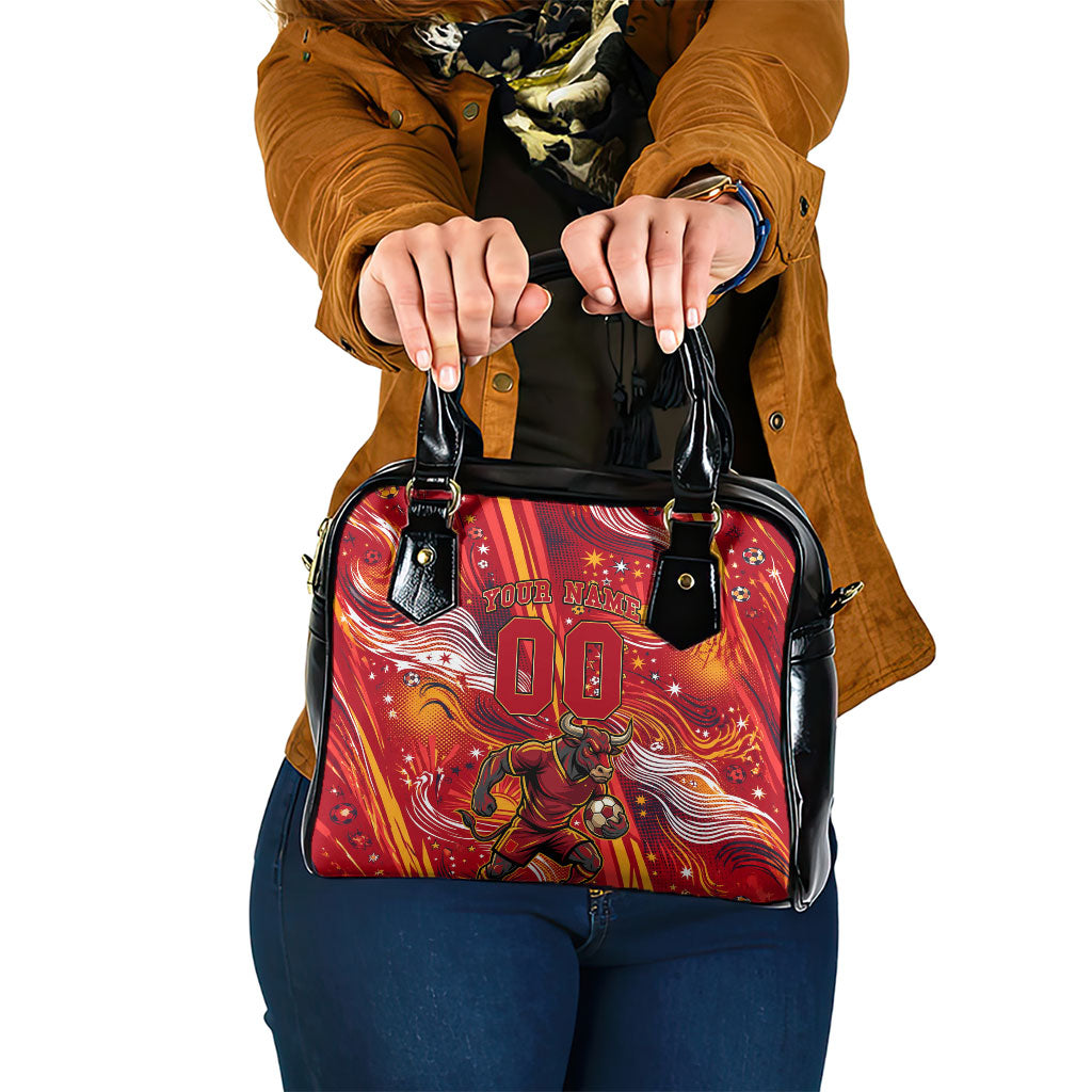 Personalized Spain Football Bull Mascot Shoulder Handbag Dynamic Spanish Sunburst Abstract Flame