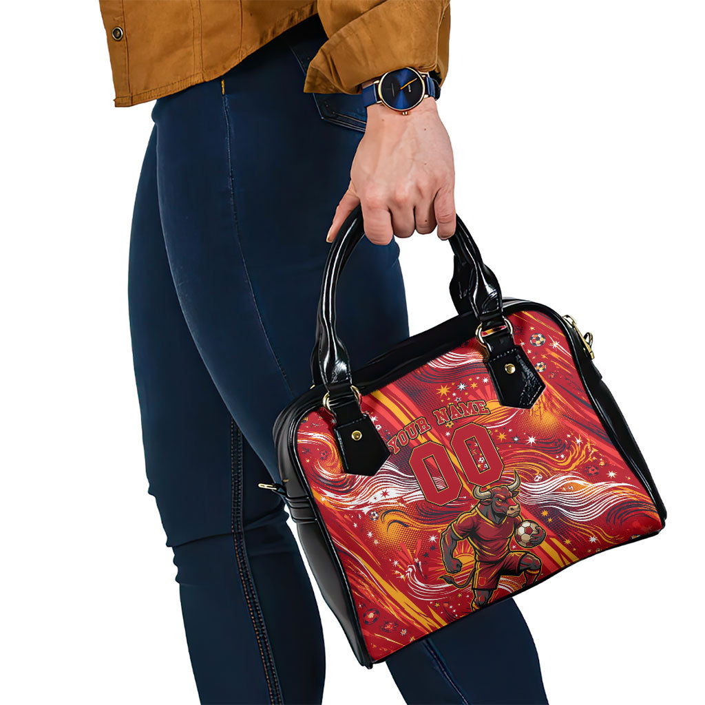 Personalized Spain Football Bull Mascot Shoulder Handbag Dynamic Spanish Sunburst Abstract Flame