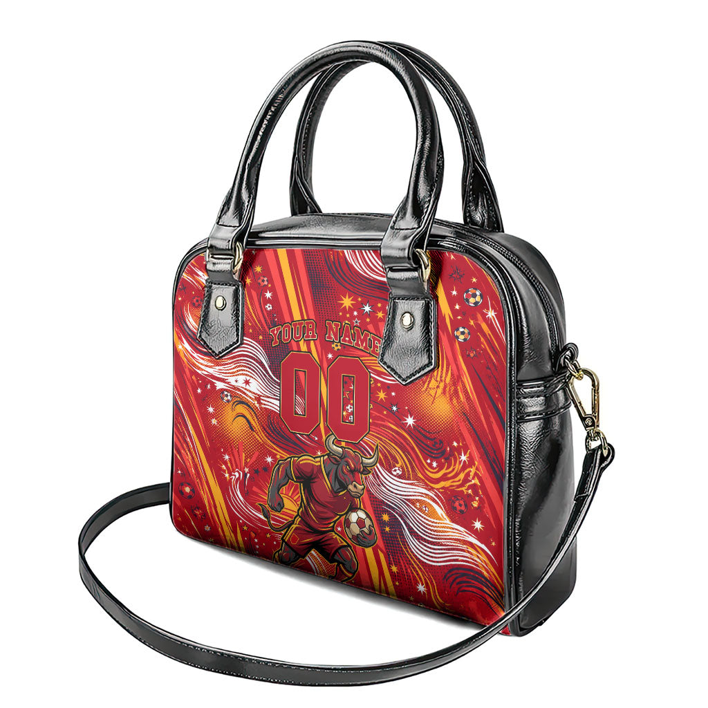 Personalized Spain Football Bull Mascot Shoulder Handbag Dynamic Spanish Sunburst Abstract Flame