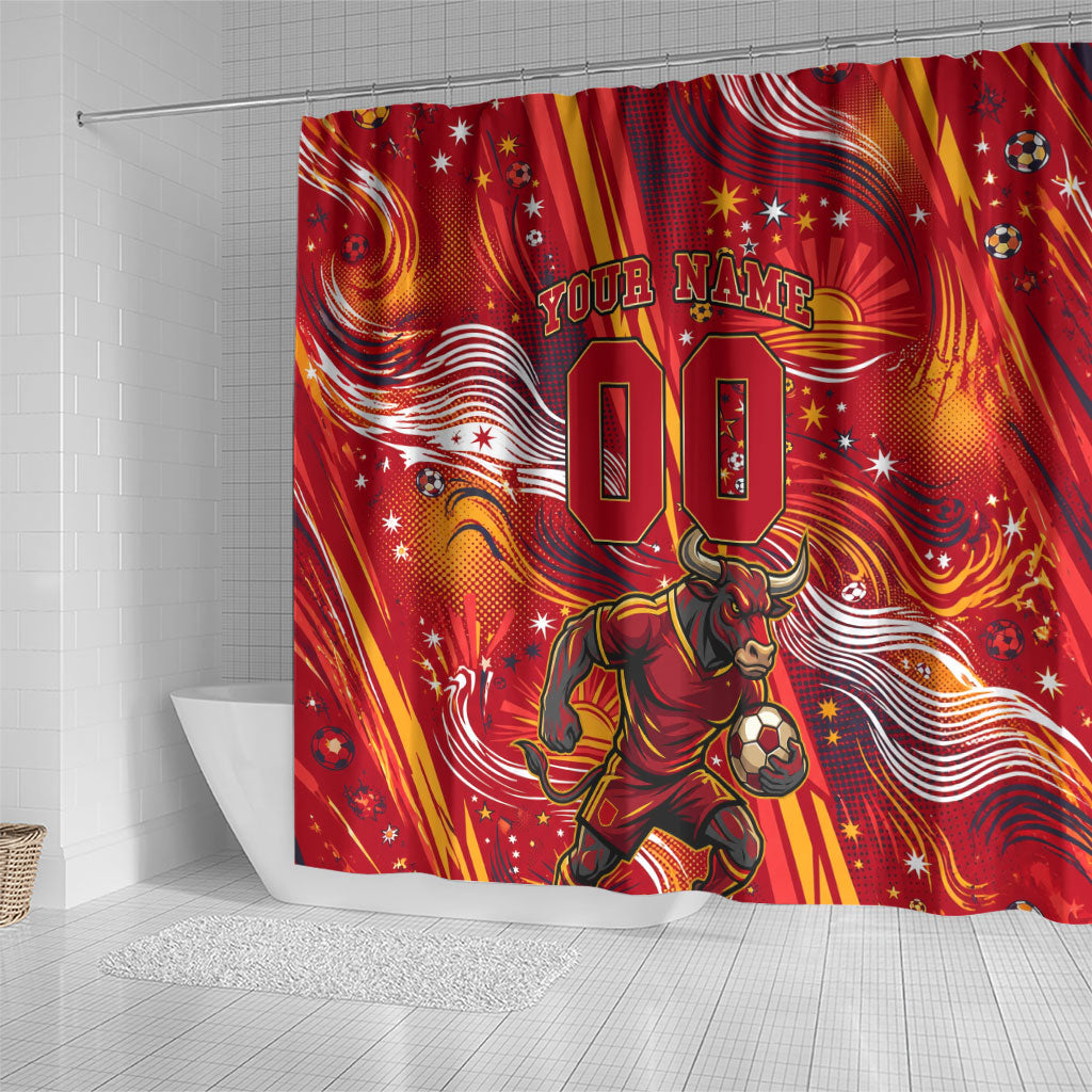 Personalized Spain Football Bull Mascot Shower Curtain Dynamic Spanish Sunburst Abstract Flame