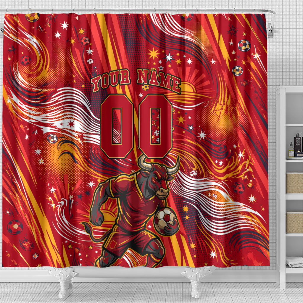 Personalized Spain Football Bull Mascot Shower Curtain Dynamic Spanish Sunburst Abstract Flame