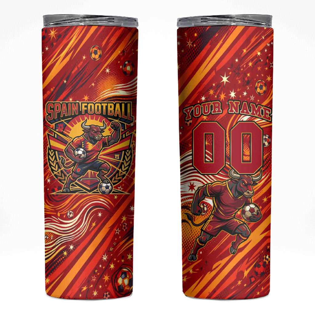 Personalized Spain Football Bull Mascot Skinny Tumbler Dynamic Spanish Sunburst Abstract Flame