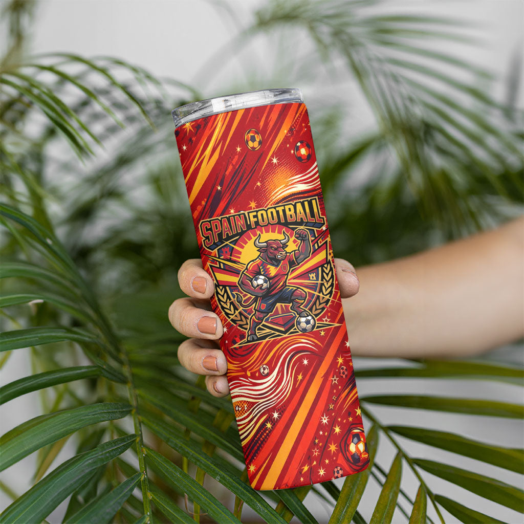 Personalized Spain Football Bull Mascot Skinny Tumbler Dynamic Spanish Sunburst Abstract Flame