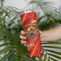 Personalized Spain Football Bull Mascot Skinny Tumbler Dynamic Spanish Sunburst Abstract Flame