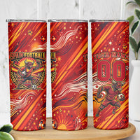 Personalized Spain Football Bull Mascot Skinny Tumbler Dynamic Spanish Sunburst Abstract Flame