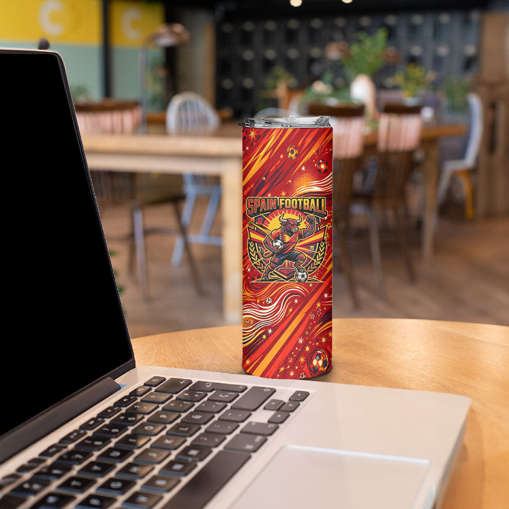 Personalized Spain Football Bull Mascot Skinny Tumbler Dynamic Spanish Sunburst Abstract Flame