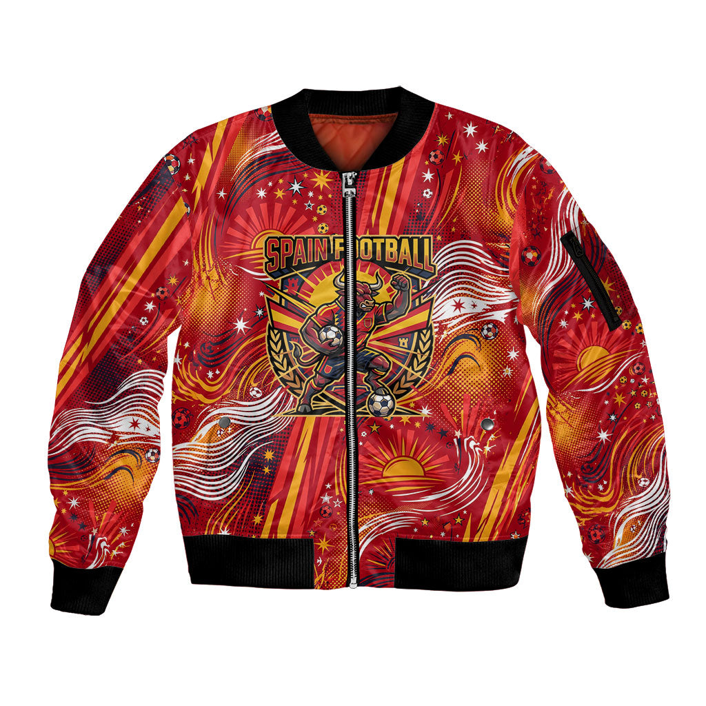 Personalized Spain Football Bull Mascot Sleeve Zip Bomber Jacket Dynamic Spanish Sunburst Abstract Flame