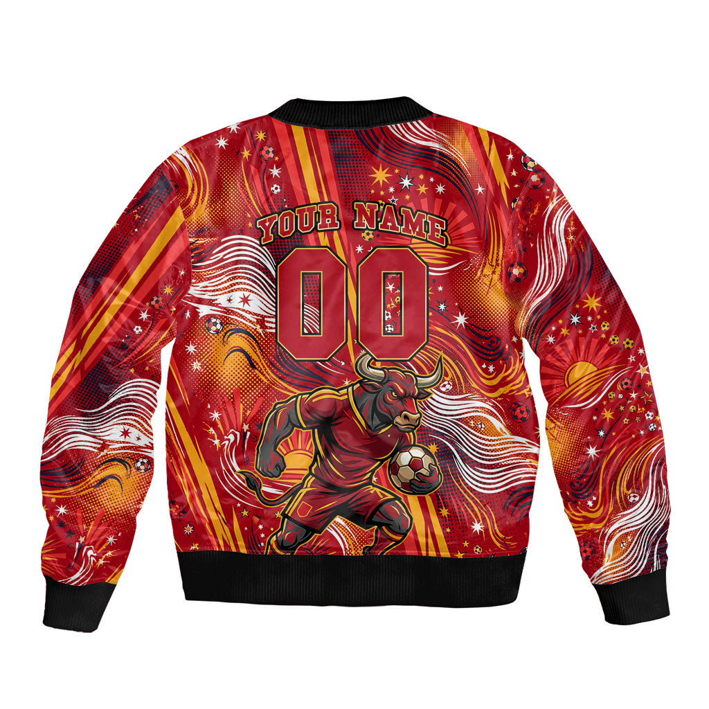 Personalized Spain Football Bull Mascot Sleeve Zip Bomber Jacket Dynamic Spanish Sunburst Abstract Flame