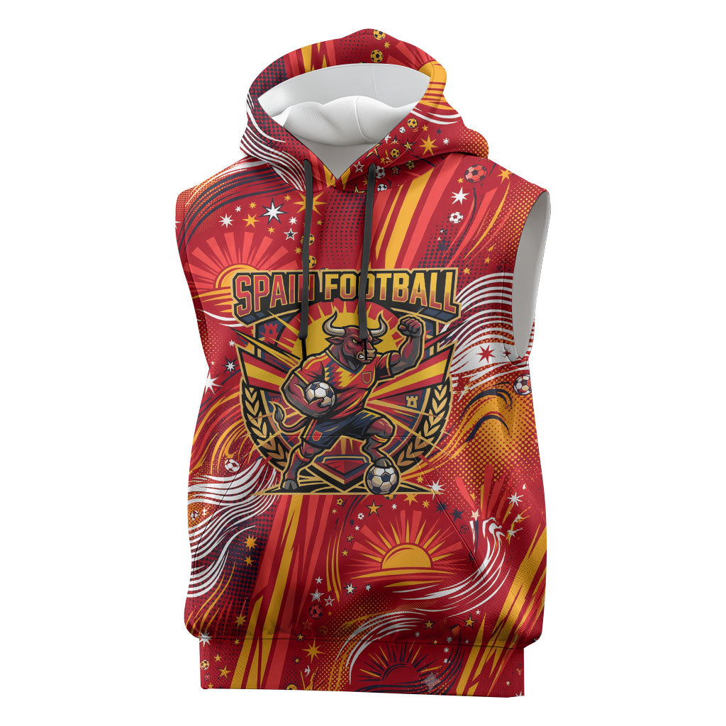 Personalized Spain Football Bull Mascot Sleeveless Hoodie Dynamic Spanish Sunburst Abstract Flame