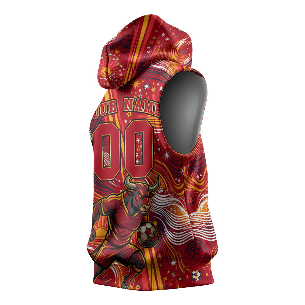 Personalized Spain Football Bull Mascot Sleeveless Hoodie Dynamic Spanish Sunburst Abstract Flame