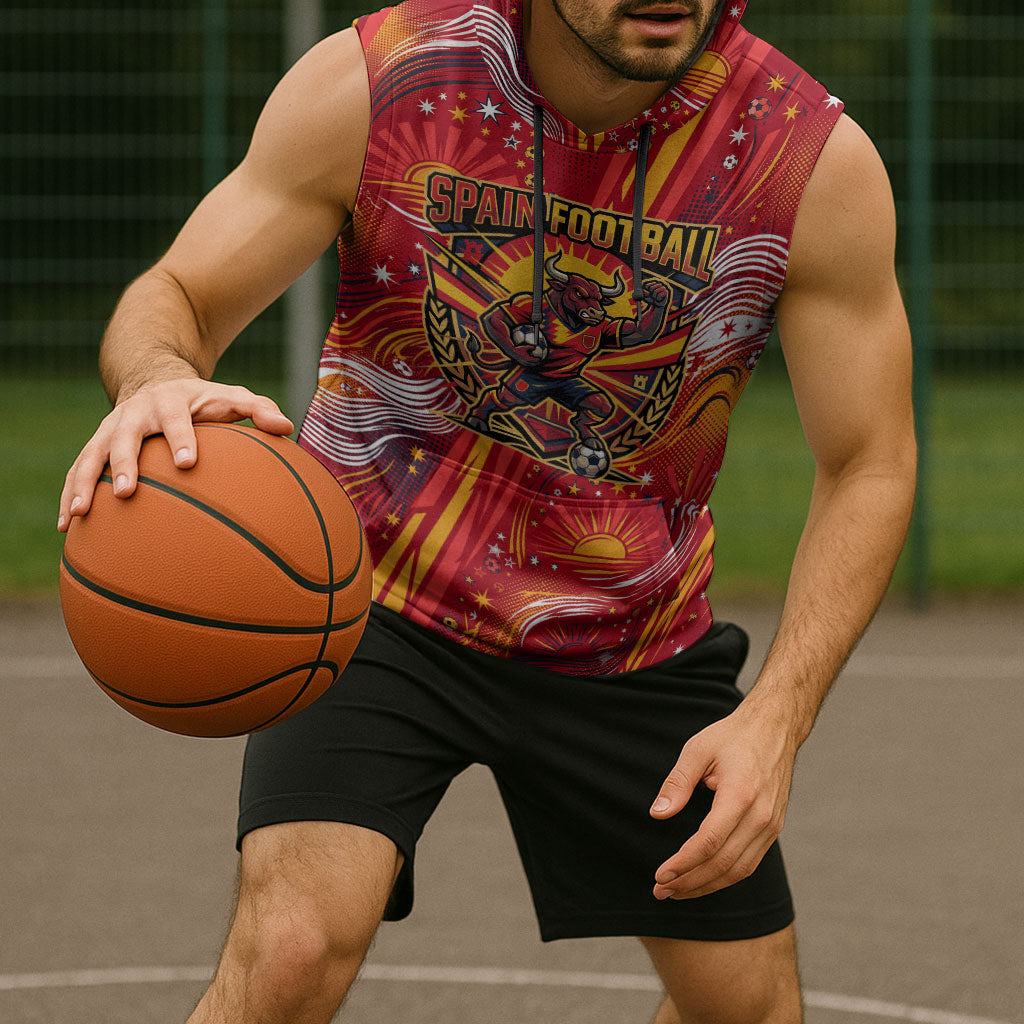 Personalized Spain Football Bull Mascot Sleeveless Hoodie Dynamic Spanish Sunburst Abstract Flame