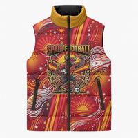 Personalized Spain Football Bull Mascot Sleeveless Puffer Jacket Dynamic Spanish Sunburst Abstract Flame