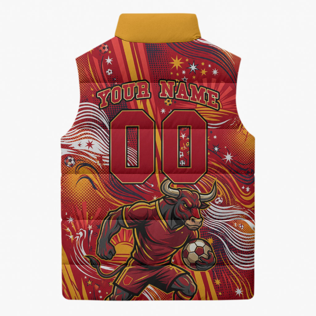 Personalized Spain Football Bull Mascot Sleeveless Puffer Jacket Dynamic Spanish Sunburst Abstract Flame