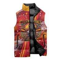Personalized Spain Football Bull Mascot Sleeveless Puffer Jacket Dynamic Spanish Sunburst Abstract Flame