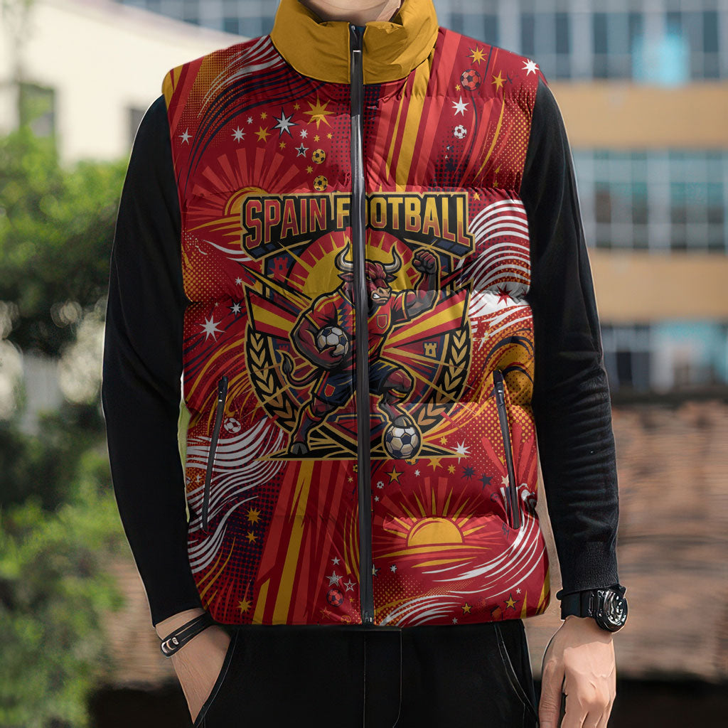 Personalized Spain Football Bull Mascot Sleeveless Puffer Jacket Dynamic Spanish Sunburst Abstract Flame