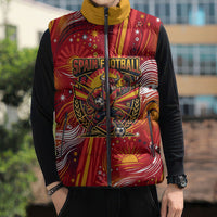 Personalized Spain Football Bull Mascot Sleeveless Puffer Jacket Dynamic Spanish Sunburst Abstract Flame