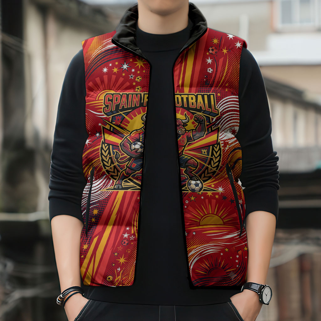 Personalized Spain Football Bull Mascot Sleeveless Puffer Jacket Dynamic Spanish Sunburst Abstract Flame