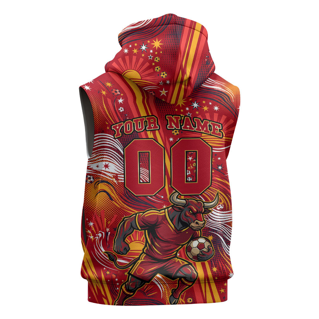 Personalized Spain Football Bull Mascot Sleeveless Zip Hoodie Dynamic Spanish Sunburst Abstract Flame