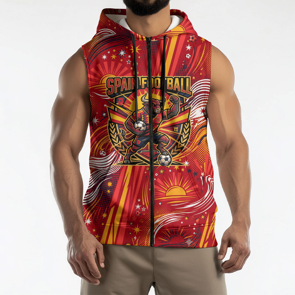 Personalized Spain Football Bull Mascot Sleeveless Zip Hoodie Dynamic Spanish Sunburst Abstract Flame