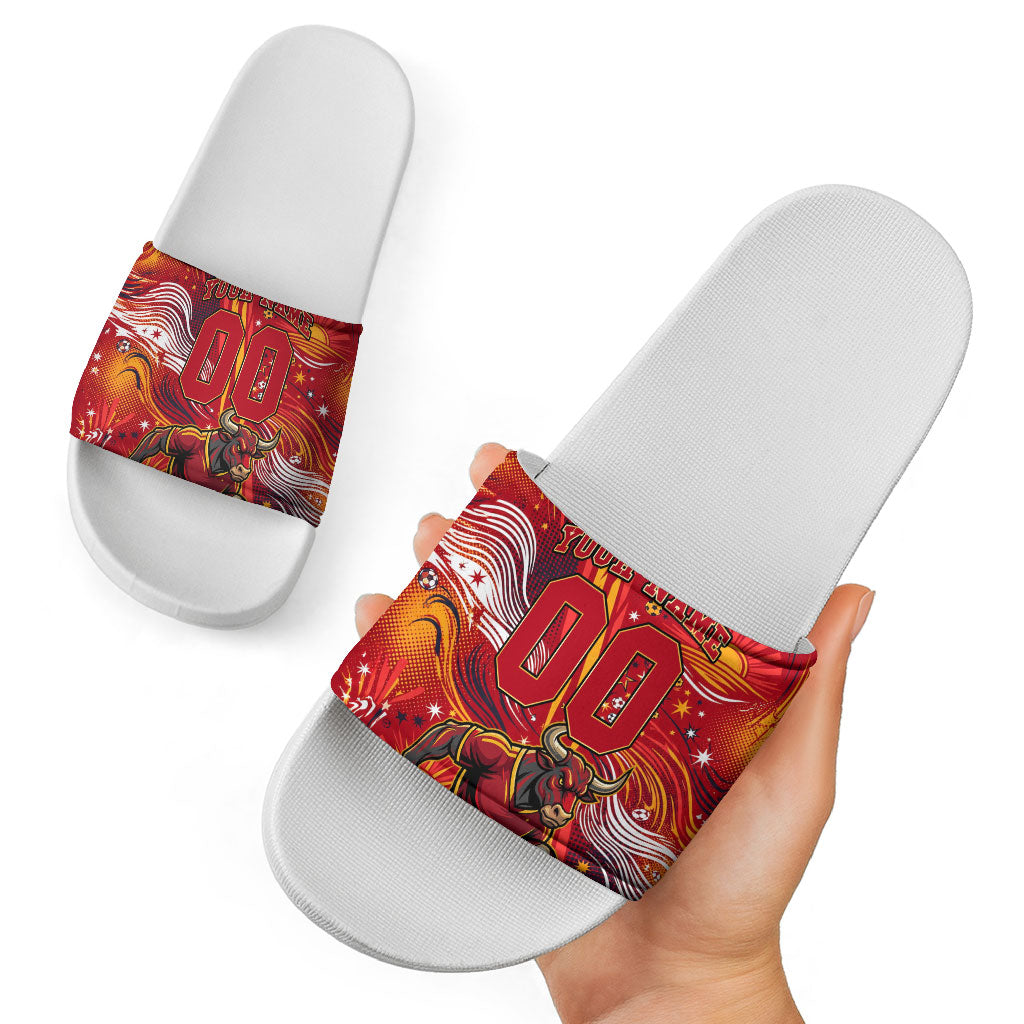 Personalized Spain Football Bull Mascot Slide Sandals Dynamic Spanish Sunburst Abstract Flame