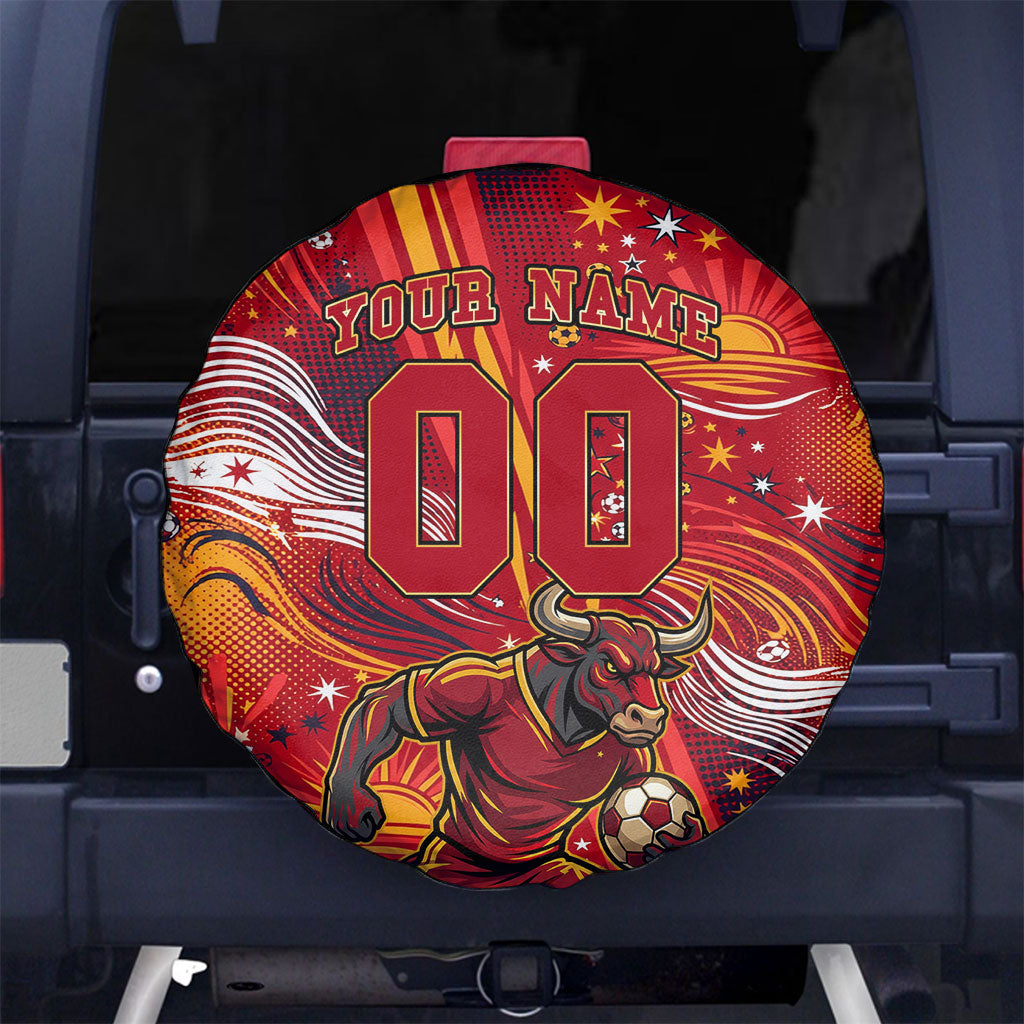 Personalized Spain Football Bull Mascot Spare Tire Cover Dynamic Spanish Sunburst Abstract Flame
