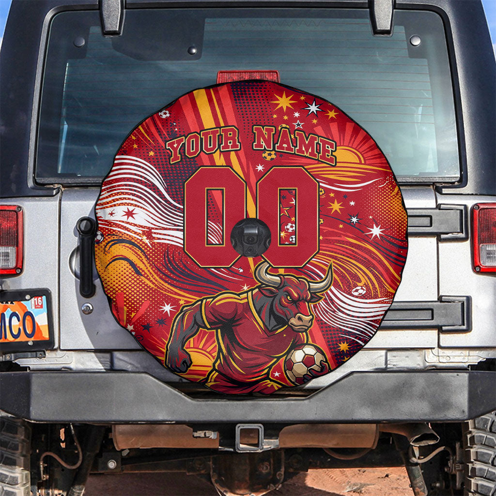 Personalized Spain Football Bull Mascot Spare Tire Cover Dynamic Spanish Sunburst Abstract Flame