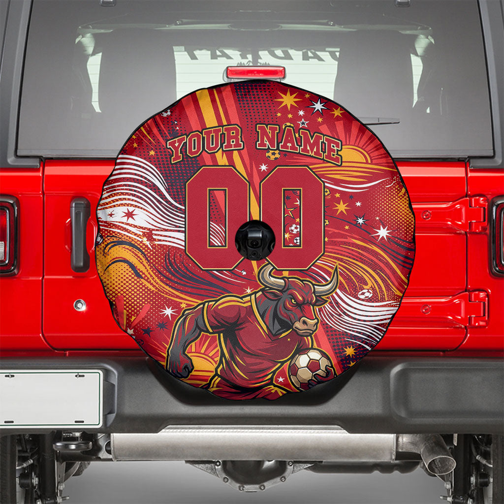 Personalized Spain Football Bull Mascot Spare Tire Cover Dynamic Spanish Sunburst Abstract Flame