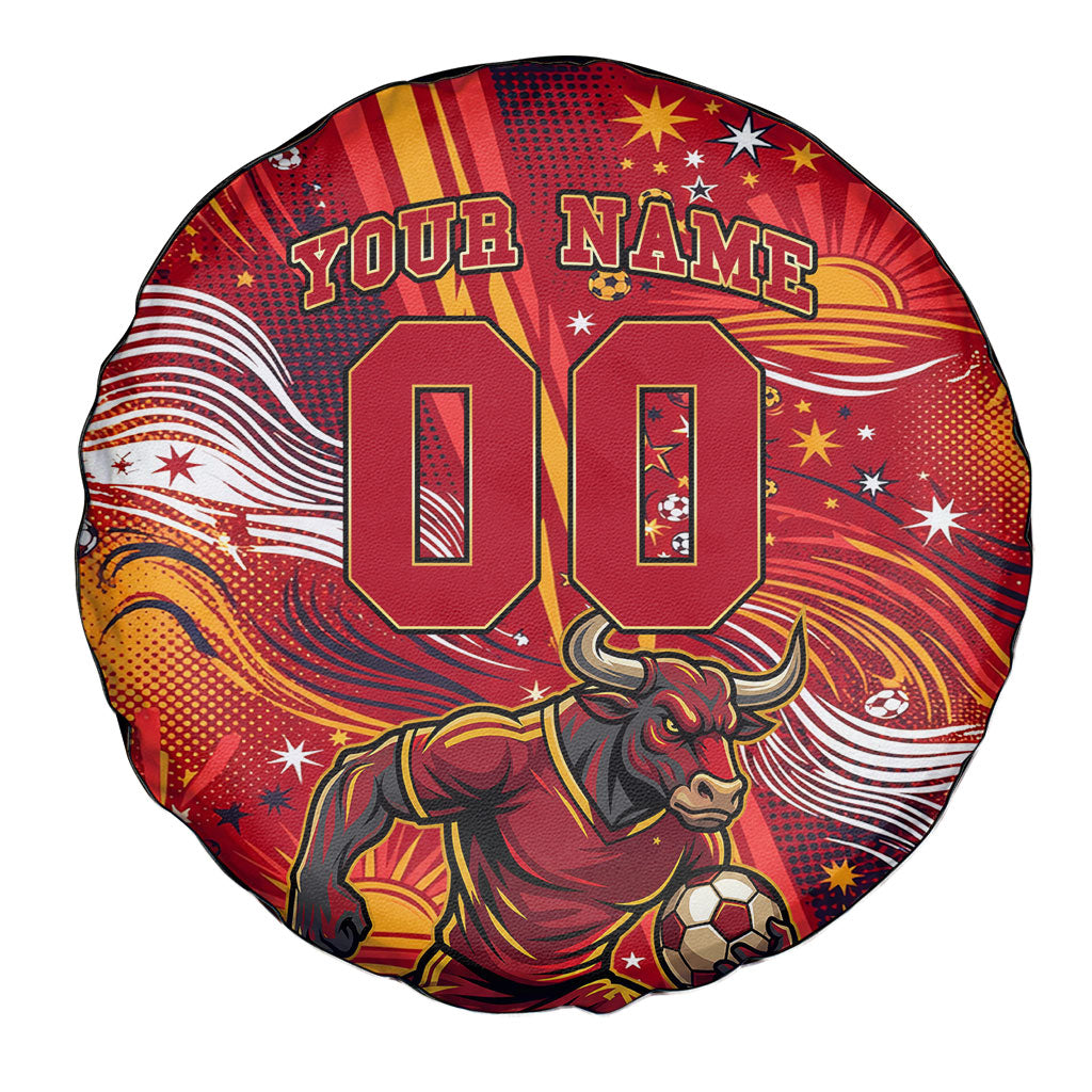 Personalized Spain Football Bull Mascot Spare Tire Cover Dynamic Spanish Sunburst Abstract Flame