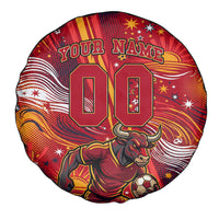 Personalized Spain Football Bull Mascot Spare Tire Cover Dynamic Spanish Sunburst Abstract Flame
