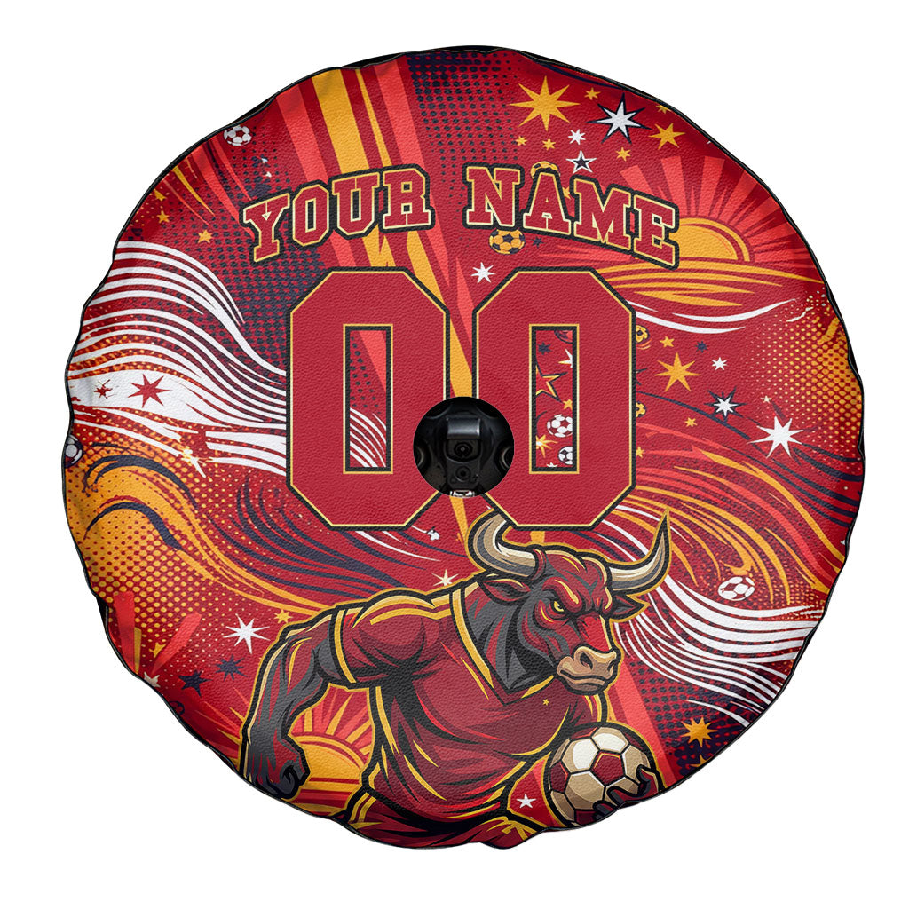 Personalized Spain Football Bull Mascot Spare Tire Cover Dynamic Spanish Sunburst Abstract Flame