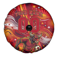 Personalized Spain Football Bull Mascot Spare Tire Cover Dynamic Spanish Sunburst Abstract Flame