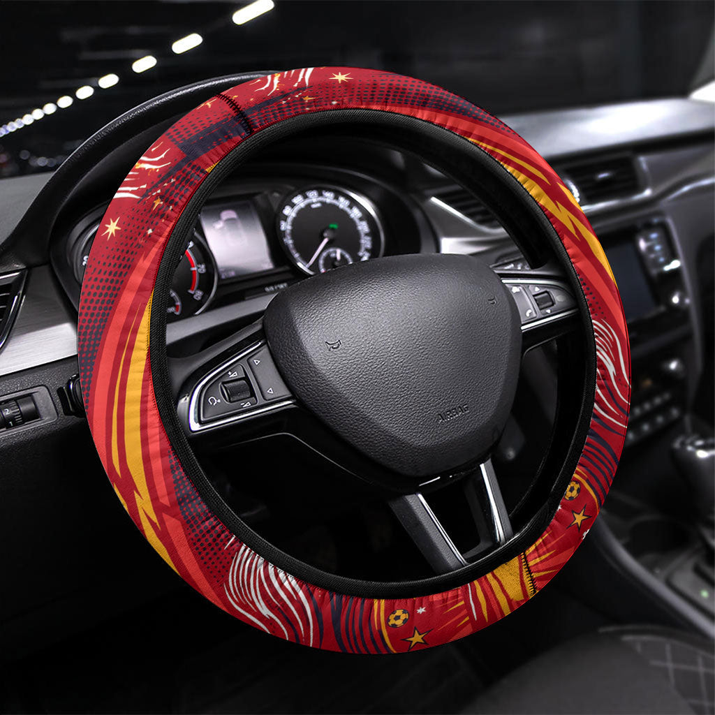 Spain Football Bull Mascot Steering Wheel Cover Dynamic Spanish Sunburst Abstract Flame