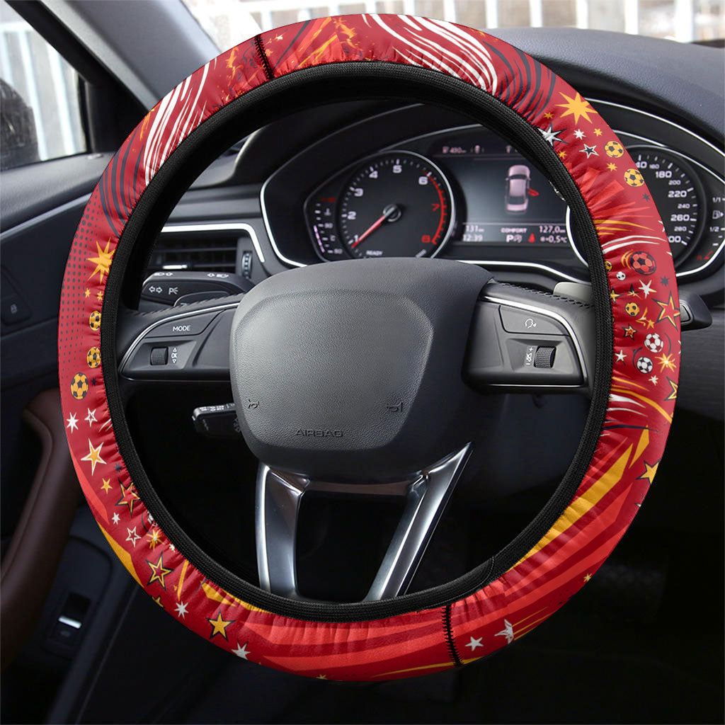 Spain Football Bull Mascot Steering Wheel Cover Dynamic Spanish Sunburst Abstract Flame